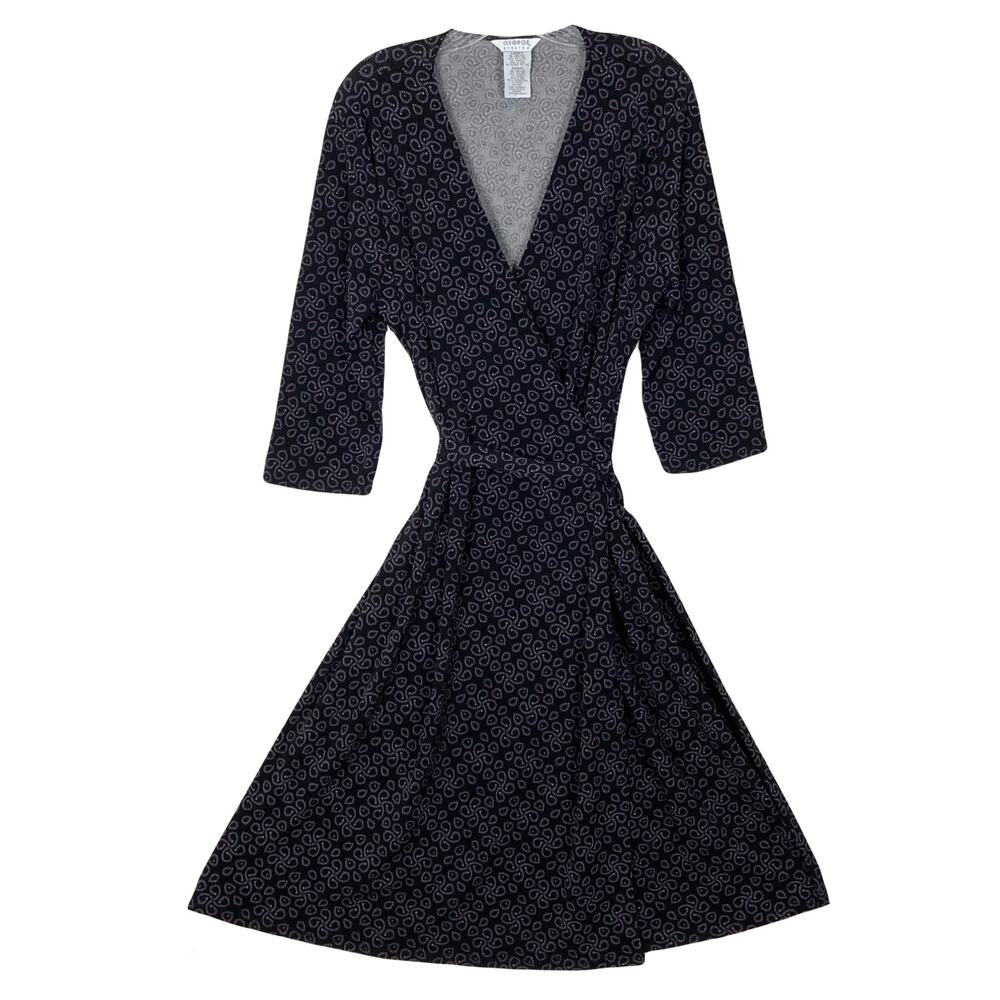 NWOT GEORGE Dress XL Black Purple Stretch Wrap 3/4 Sleeve Knee Geo-Pattern